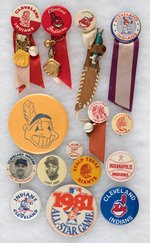 CLEVELAND INDIANS 15 BUTTONS FROM 1940s TO 1980s INCLUDING BOUDREAU & DOBY.