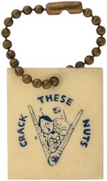 "CRACK THESE NUTS" CELLULOID KEY FOB WITH CARTOON HITLER, TOJO, MUSSOLINI.