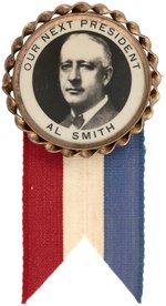 "OUR NEXT PRESIDENT AL SMITH" HIGH CONTRAST REAL PHOTO BUTTON IN BRASS FRAME WITH RIBBON.