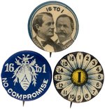 TRIO OF BRYAN BUTTONS INCLUDING JUGATE AND "16 TO 1" SILVER BUG.