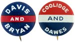 "DAVIS AND BRYAN" & "COOLIDGE AND DAWES" LITHO SLOGAN BUTTONS.