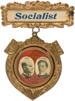 DEBS/HARRIMAN 1900 JUGATE BUTTON IN ORNATE "SOCIALIST" BADGE.