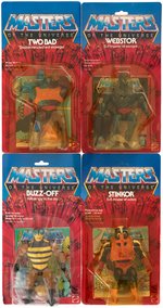 MASTERS OF THE UNIVERSE LOT OF FIVE CARDED FIGURES, VEHICLE AND CATALOG.