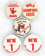 ST. LOUIS CARDINALS 5 WORLD SERIES 1967 BUTTONS WITH THREE BOOK EXAMPLES.