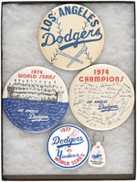 DODGERS THREE 6" BUTTONS WITH TWO FROM MUCHINSKY BOOK PLUS TWO UNLISTED 1977 SERIES.