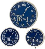 TRIO OF BRYAN CLOCK FACE "16 TO 1" BUTTONS.