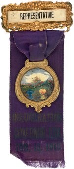 "INAUGURATION GOVERNOR COX" STRIKING OHIO RIBBON BADGE.