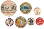 MUCHINSKY COLLECTION SEVEN EARLY 1900s BUTTONS INCL. 1912 DENVER VS. WICHITA PENANT DAY.