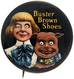 "BUSTER BROWN SHOES" GRAPHIC CHOICE COLOR ON BLACK BACKGROUND RARE BUTTON