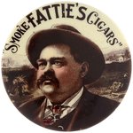 "'SMOKE FATTIE'S CIGARS'" OUTSTANDING AND RARE BUTTON FROM EARLY 1900s.