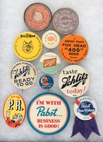 BEER EARLY MIRRORS (2) AND TEN BUTTONS FOR FOX HEAD, SCHLITZ, PABST & OTHERS.