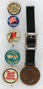 PONTIAC GROUP OF FIVE BUTTONS AND BRASS WATCH FOB 1930s-1950s.