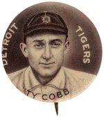 "TY COBB DETROIT TIGERS" BUTTON FROM 1910-11 SWEET CAPORAL CIGARETTES.