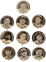 TEN BASEBALL PLAYER BUTTONS FROM THE 1910-11 SWEET CAP SET.