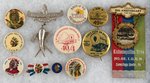 REDMEN (7) BADGES WITH NATIVE AMERICANS PLUS FIVE CONESTOGA WAGON BADGES.