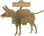 C. 1900 "WE CELEBRATE" FIGURAL BRASS DONKEY PIN WITH "RED PAINT/BREAD/MINERAL WATER" DEPICTED.