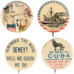 WAR OF 1898 "MAINE" CLASSIC, UNCLE SAM CARTOON, AND TWO RARE WORD PLAY BUTTONS.