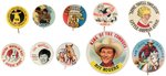 COLOR PLATE BUTTONS (10) FROM CPB INCL. COMICS, COWBOYS, MOVIES, MUSIC.