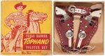 "TEXAS RANGER TOPHAND HOLSTER SET" W/STEVENS COWBOY KING CAST IRON CAP PISTOLS.