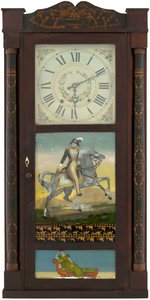 MANTEL CLOCK WITH EXCEPTIONAL "GEN. ANDREW JACKSON" REVERSE PAINTED GLASS PANEL.