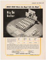 "TOPPS JANUARY 1949" RETAILER'S PRICE LIST FEATURING "HOCUS-FOCUS MAGIC PHOTO CARD" DISPLAY BOX.