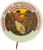 EXCEPTIONAL "OFFICIAL SOUVENIR" 1915 BUTTON WITH MAN OPENING EARTH TO CREATE PANAMA CANAL.