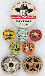 HOPALONG CASSIDY FULL SET OF USA ISSUED SAVINGS CLUB BUTTONS INCLUDING BANK TELLER.