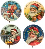 FOUR SUPERB COLOR SANTA BUTTONS FOR (MOSTLY) MAJOR DEPARTMENT STORES.