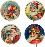 FOUR SUPERB COLOR SANTA BUTTONS FROM SMALL CITY DEPARTMENT STORES.