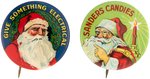 SANTA COLORFUL 1930s BUTTON PAIR PROMOTING ELECTRICAL PRODUCTS & CANDY.