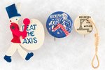 ANTI-AXIS WOOD PIN, BUTTON AND RARE HITLER GALLOWS BUTTON WITH ROPE NOOSE.