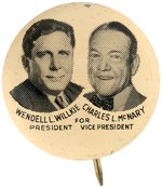 WILLKIE/McNARY JUGATE LITHO BUTTON.