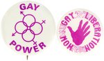 "GAY POWER" AND "GAY LIBERATION NOW" WITH I.W.W. UNION BUG PAIR OF SCARCE 1970s ERA BUTTONS.
