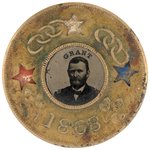 GRANT 1868 FERROTYPE IN BRASS FRAME WITH THREE CUT-OUT COLOR ACCENTED STARS.