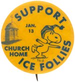 SNOOPY IN SKATING POSE ON 1960s ERA BALTIMORE "SUPPORT ICE FOLLIES" BUTTON.