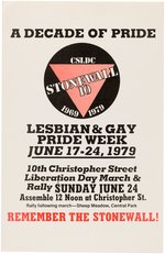 10th ANNIVERSARY 1979  POSTER "REMEMBER THE STONEWALL/A DECADE OF PRIDE" .