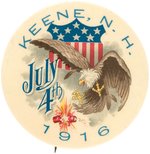 BIG, GRAPHIC AND AMUSING 1916 JULY 4TH BUTTON WITH FIRECRACKER EXPLOSION SCARING AN EAGLE.