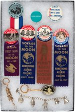 APOLLO 11 JULY 20, 1969 TEN SCARCE TO RARE BUTTONS, KEY FOBS & CHARM BRACELET.