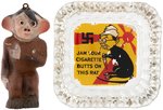 WORLD WAR II ANTI-HITLER MONKEY FIGURE PLUS ANTI-HIROHITO GLASS ASHTRAY.