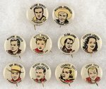 CANADIAN ISSUED 10 OF 12 KNOWN MOVIE STAR BUTTONS C. 1948 FROM QUAKER CEREAL.