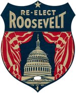 SCARCE "RE-ELECT ROOSEVELT" FIGURAL SHIELD LICENSE PLATE ATTACHMENT.