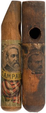 PAIR OF HARRISON & CLEVELAND APPLIED PAPER WOODEN "CAMPAIGN BUGLE" WHISTLES.