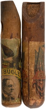 PAIR OF HARRISON & CLEVELAND APPLIED PAPER WOODEN "CAMPAIGN BUGLE" WHISTLES.