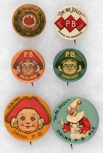 P.B.ALE SIX C. 1900 BUTTONS FROM BUNKER HILL BREWERIES ALL W/"OH BE JOLLY" SLOGAN.