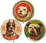 P.B. ALE THREE EARLY 1900s BUTTONS FROM BUNKER HILL BREWERIES W/"OH BE JOLLY" SLOGAN AND DOGS.