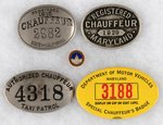 FIVE CHAUFFEUR ITEMS INCLUDING CALIFORNIA 1915, MARYLAND 1929 AND INDUSTRY GROUP LAPEL STUD.