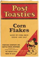 MICKEY MOUSE "POST TOASTIES CORN FLAKES" CEREAL BOX WITH "MICKEY THE 'BRONC BUSTER'" CUT-OUTS.