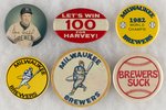 MILWAUKEE BREWERS LOT OF SIX BUTTONS INCLUDING ONE MUCHINSKY BOOK PHOTO EXAMPLE.