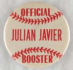 BUTTON HONORING ST. LOUIS CARDINALS 2ND BASEMAN JULIAN JAVIER FROM MUCHINSKY BOOK PHOTO EXAMPLE.