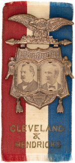 CLEVELAND/HENDRICKS BRASS SHELL JUGATE ON PATRIOTIC CAMPAIGN RIBBON BEARING THEIR NAMES.